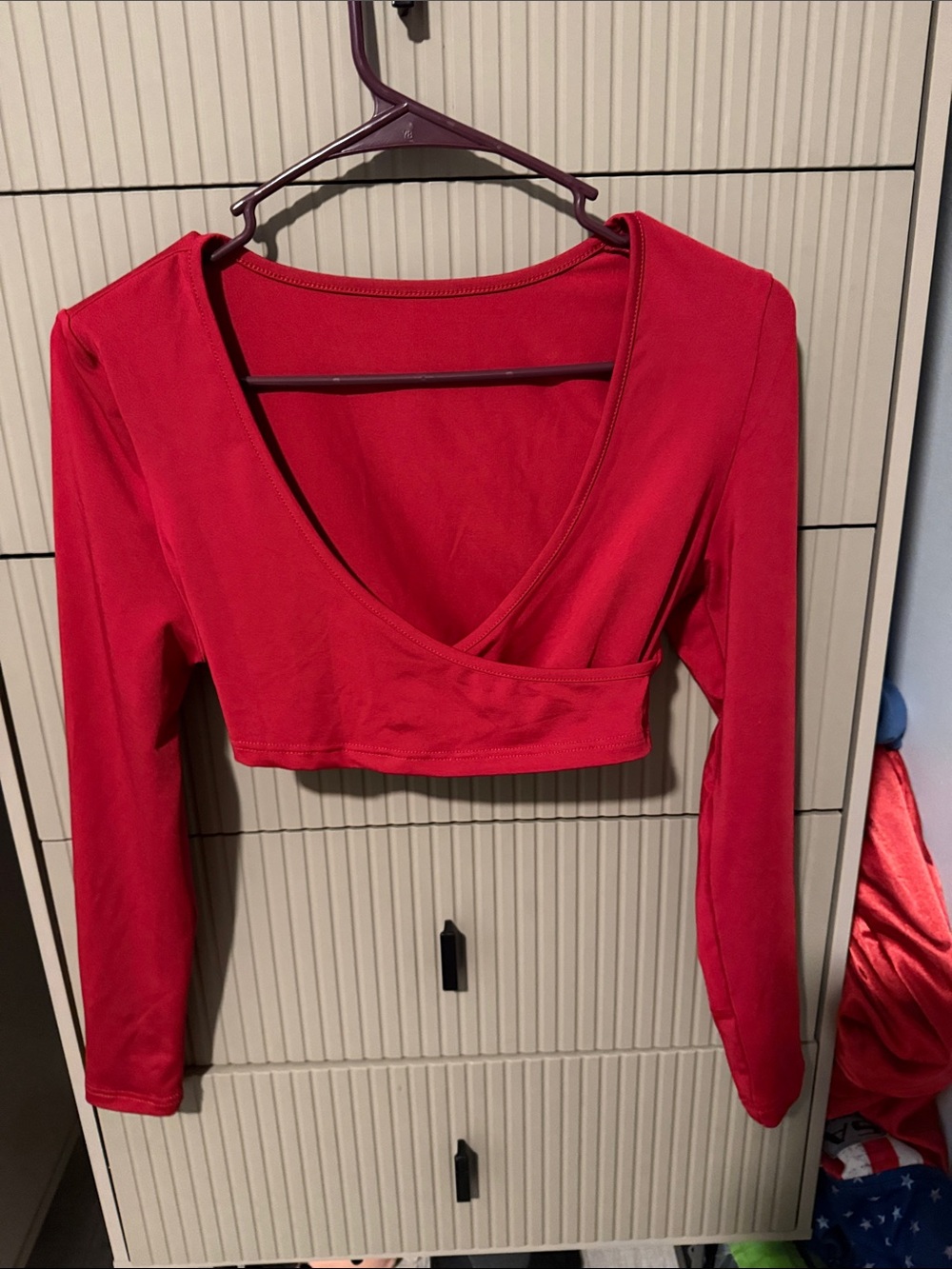 Long Sleeve Red Wrap-Front Crop Top